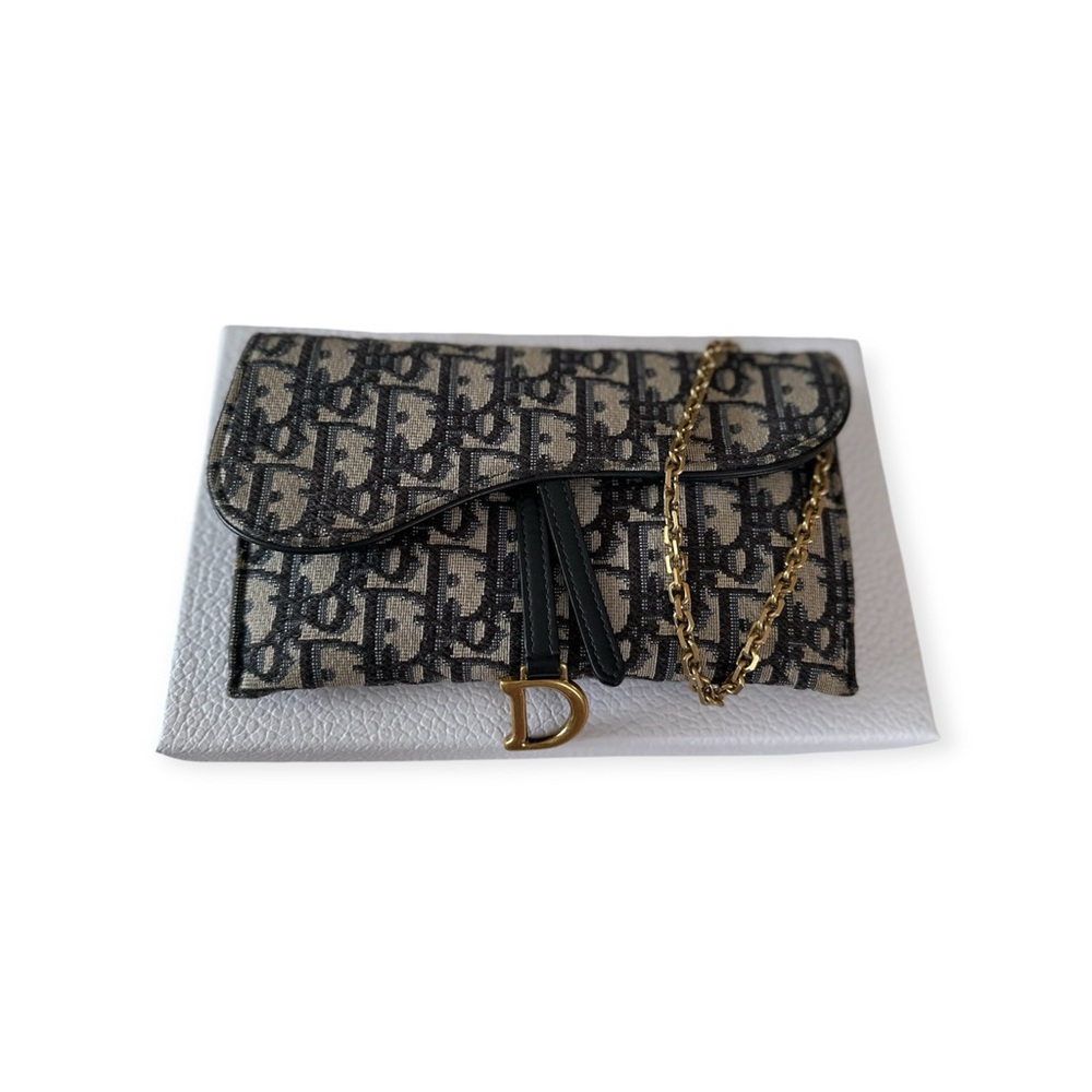 Dior Small Saddle Pouch with Chain Blue Dior Oblique Jacquard